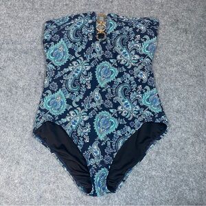 Michael Kors Sweetheart Paisley Blue White Strapless One Piece Swimsuit Size 10